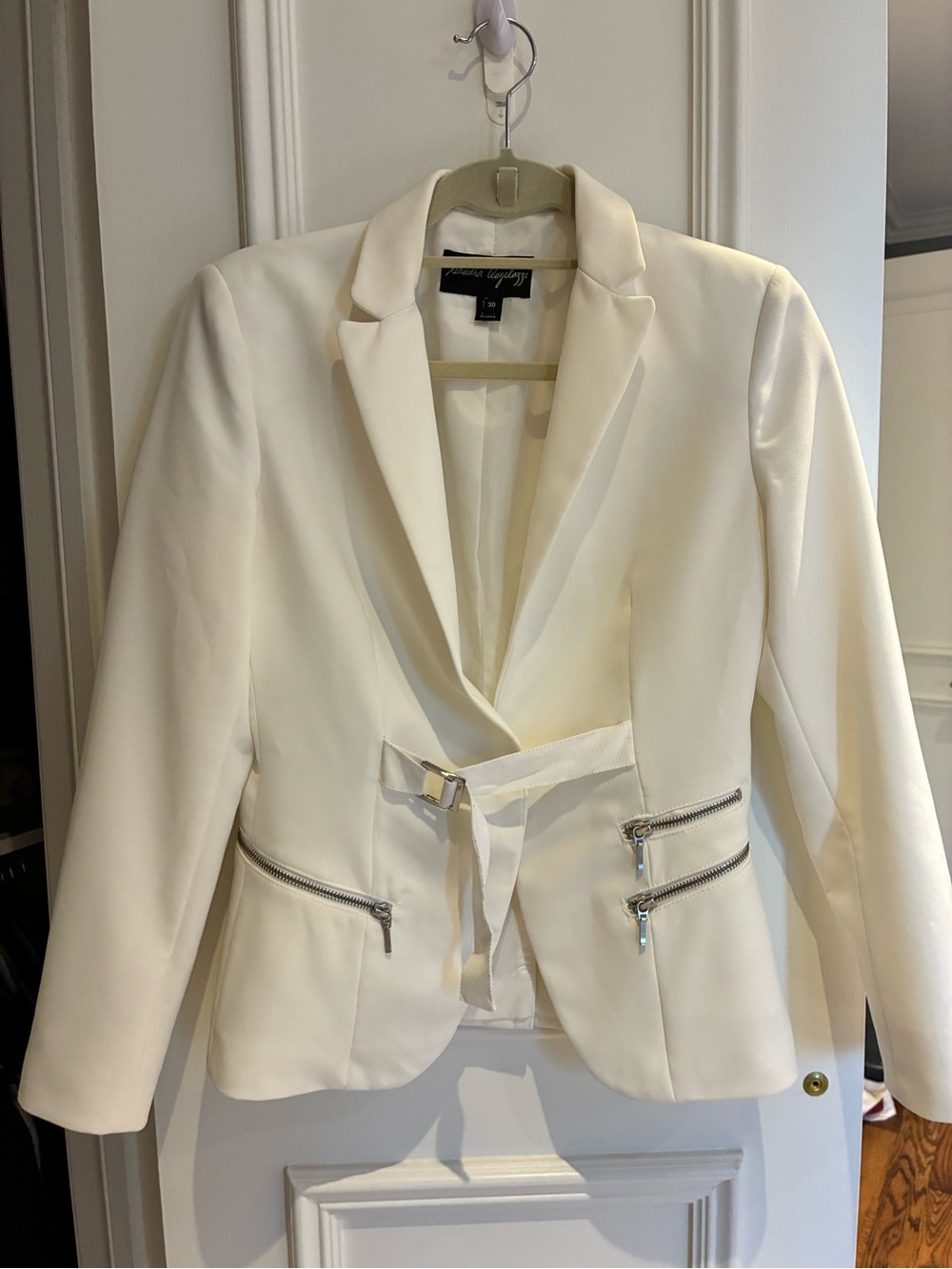 Sandra Angelozzi Suit Set: Cream Tailored Blazer & Skirt w/ Silver Zippers